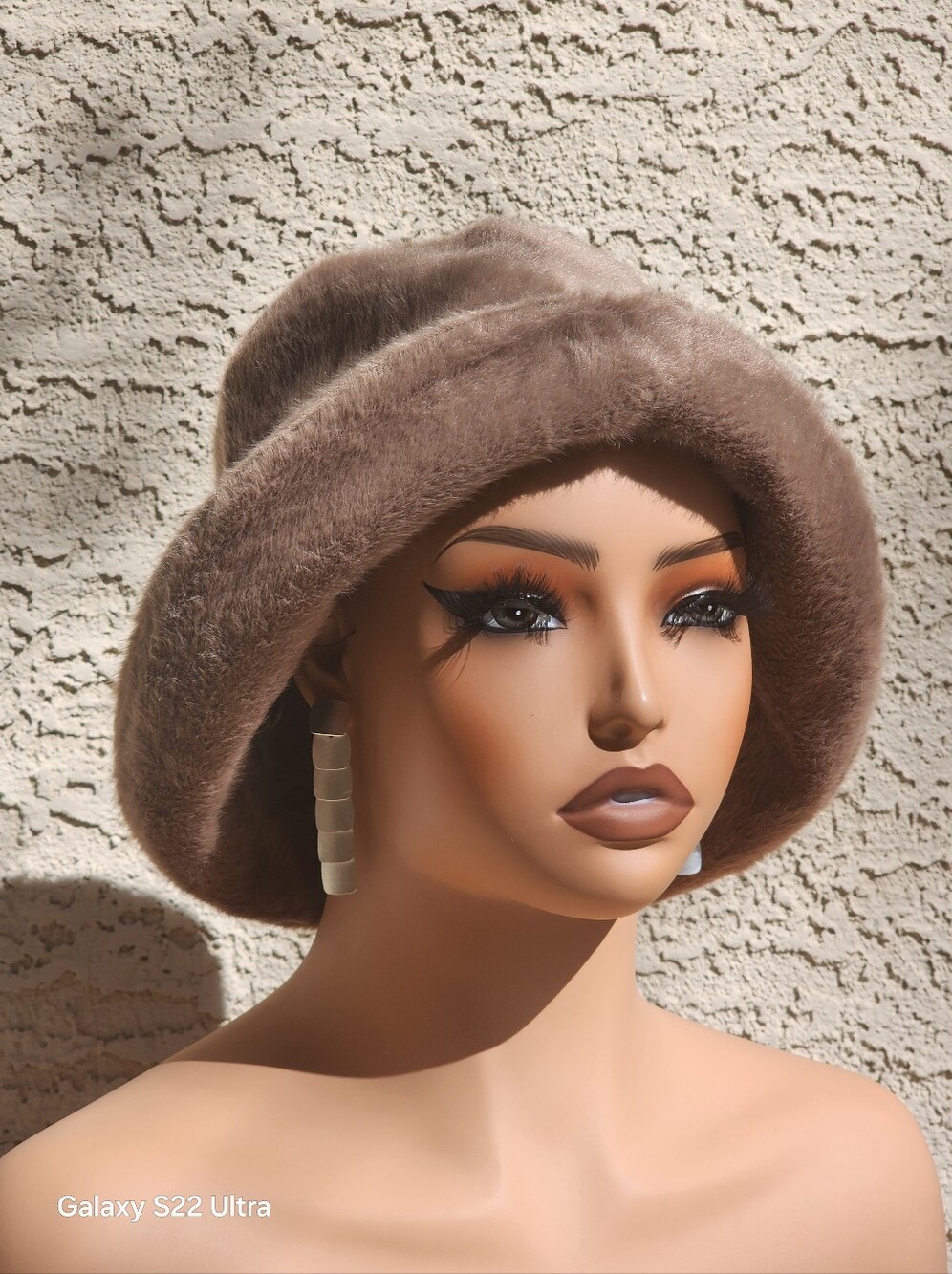 Vintage Style Women's Khaki Brown Faux Fur Bucket Hat/ Plush Winter Cloche